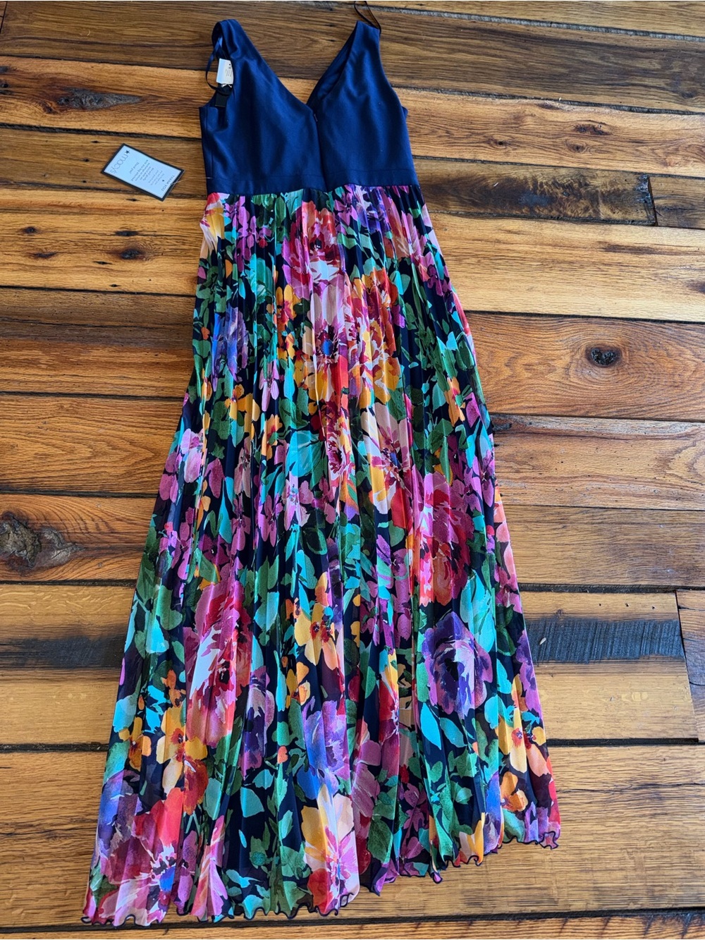 Xscape V-Neck Maxi Dress with Navy Bodice and Multi-Color Floral Skirt - Picture 8 of 9